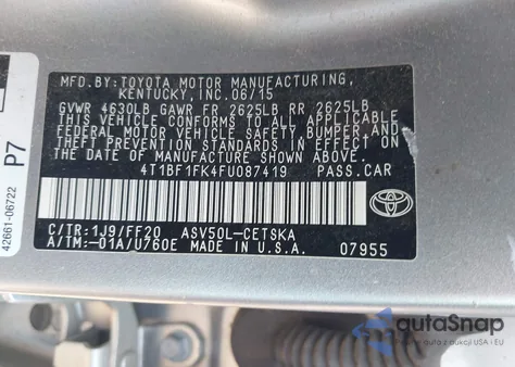 2015 Toyota Camry Se z USA, uszkodzony, nr VIN 4T1BF1FK4FU087419